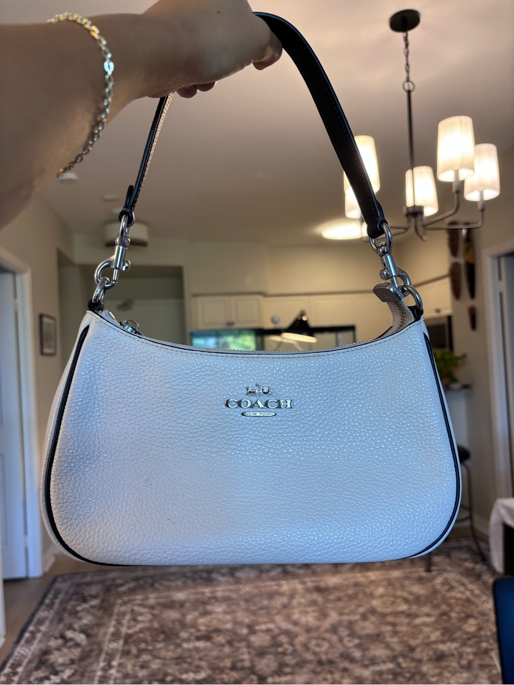Coach White Pebbled Leather Hobo Shoulder Bag with Black Strap